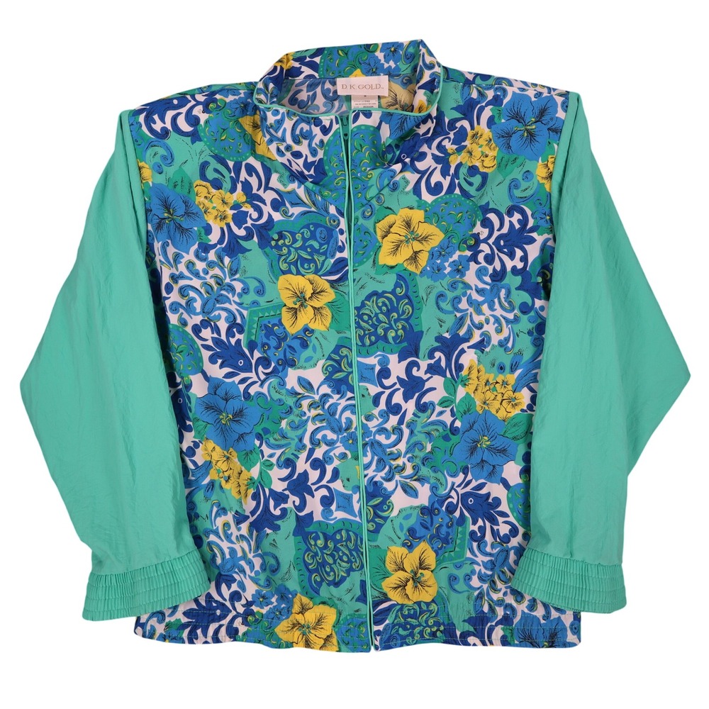 D.K. Gold Windbreaker Jacket Womens Medium Vintage 90s Floral Teal Blue Yellow